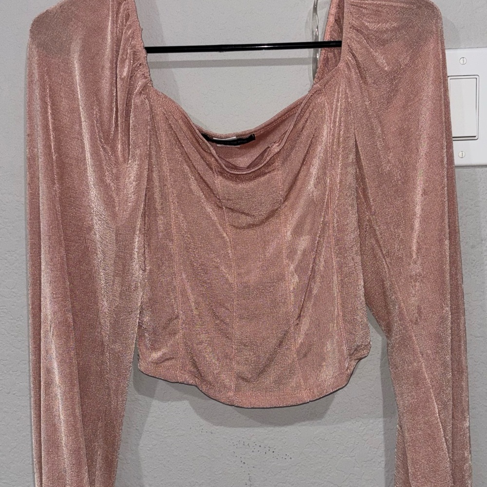 Women's Shimmery Rose Pink Draped Neck Long-Sleeve Top